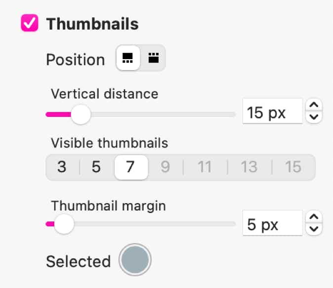 The gallery thumbnails settings