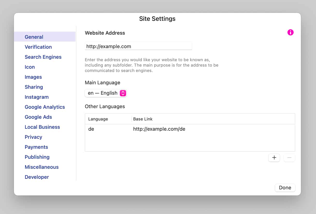 Sparkle's general site settings