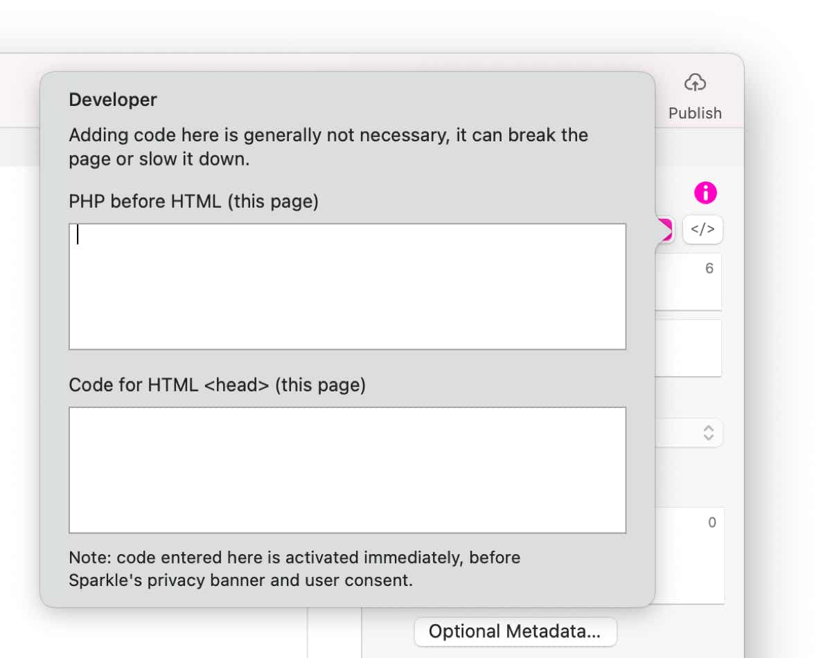 Sparkle's per-page developer settings