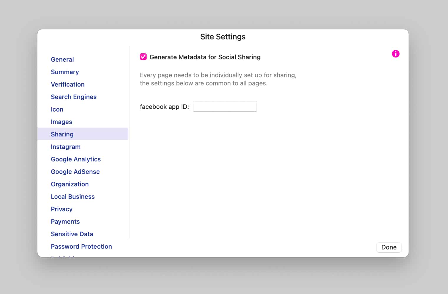 Sparkle's social sharing metadata site settings